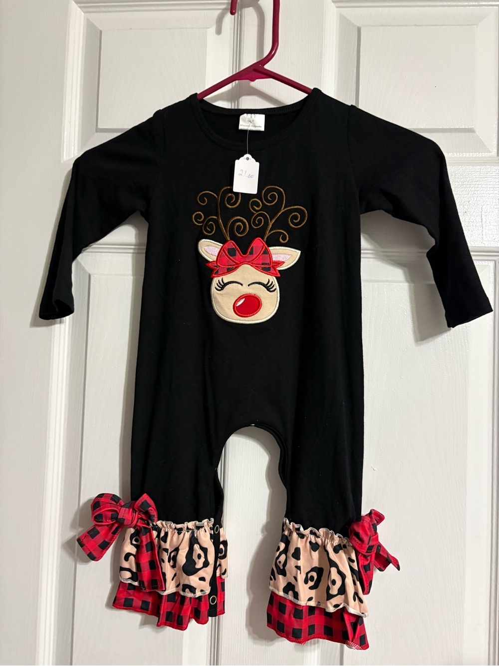 Black Baby Reindeer Romper with Red Bow & Plaid Ruffles size 2 t
